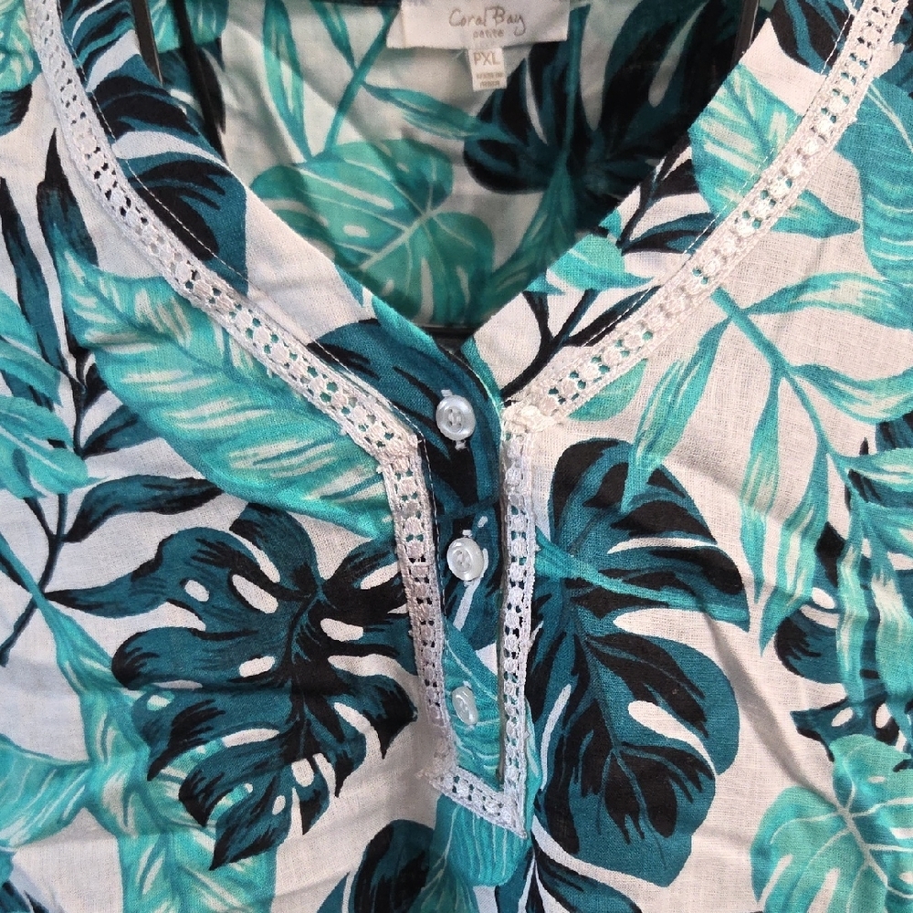 Coral Bay Teal and Black Leaf Print Top - Picture 3 of 7
